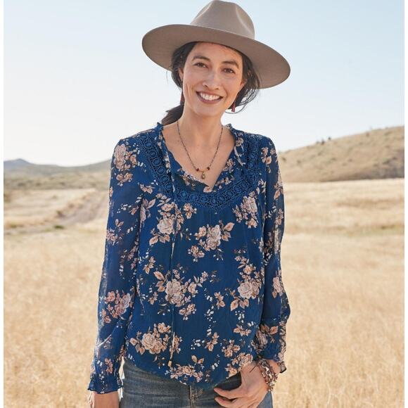 Sundance Tops - Sundance Highland Garden Silk Tunic Blouse Floral Sz XL Blue Pullover Sheer $138